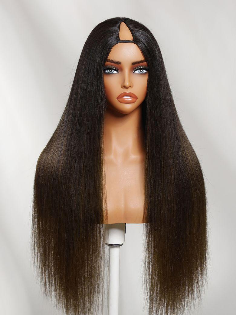 [22Inch=$145] UNice InvisiBlend™ V Part Glueless Yaki Straight Chestnut Brown Ombre Human Hair Wig With Invisi Drawstring