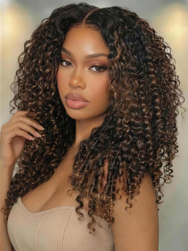 EasiContour™ V Part Black to Chestnut Brown Jerry Curly Drawstring Wig 150% Density Protect Your Natural Hair
