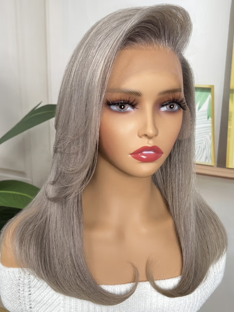 UNice Silver Grey 13x4 Lace Front Straight Free Part with Side Wavy Bob Wig