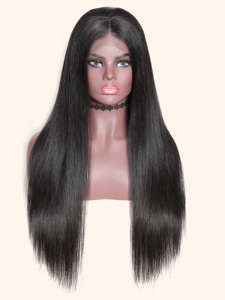 200% Density 13x4 Transparent Lace Frontal Black Straight Pre-Plucked Human Hair Wig with Baby Hair
