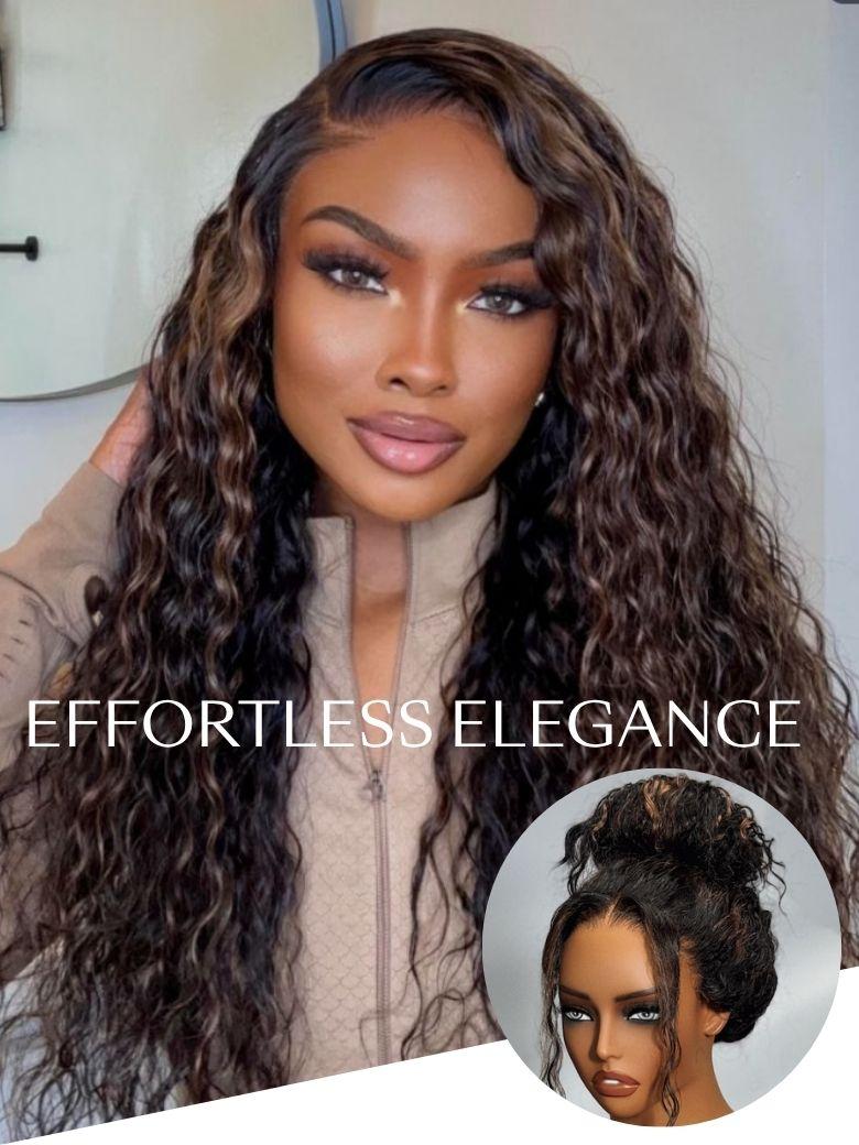 UNice Bye-Bye Knots 7x5 Lace Water Wave Black Wig With Golden Brown Highlights
