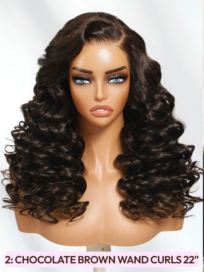 [All 13x4 Front] 200%/ 150% Density Wide Front Lace Fluffy Loose Wave/ Chocolate Brown/ Side Swept Bangs/ Bouncy Water Wave Curly/ Burnt Orange Wigs
