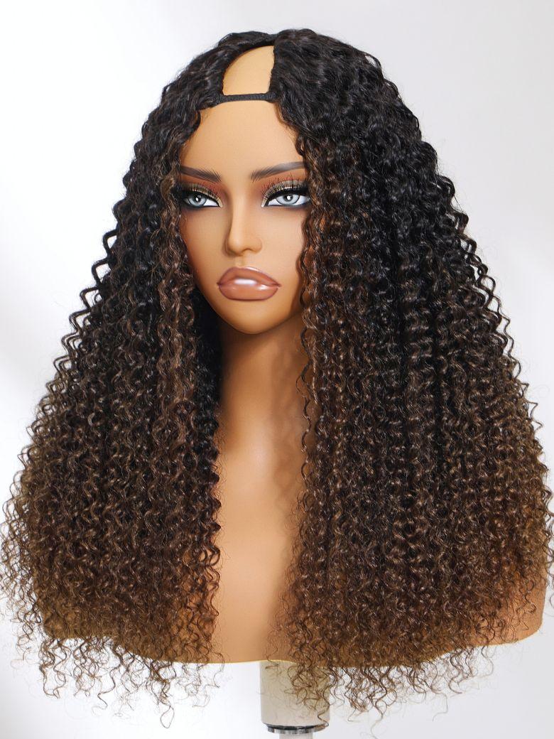 UNice EasiContour™ V Part Black to Chestnut Brown Jerry Curly Drawstring Wig