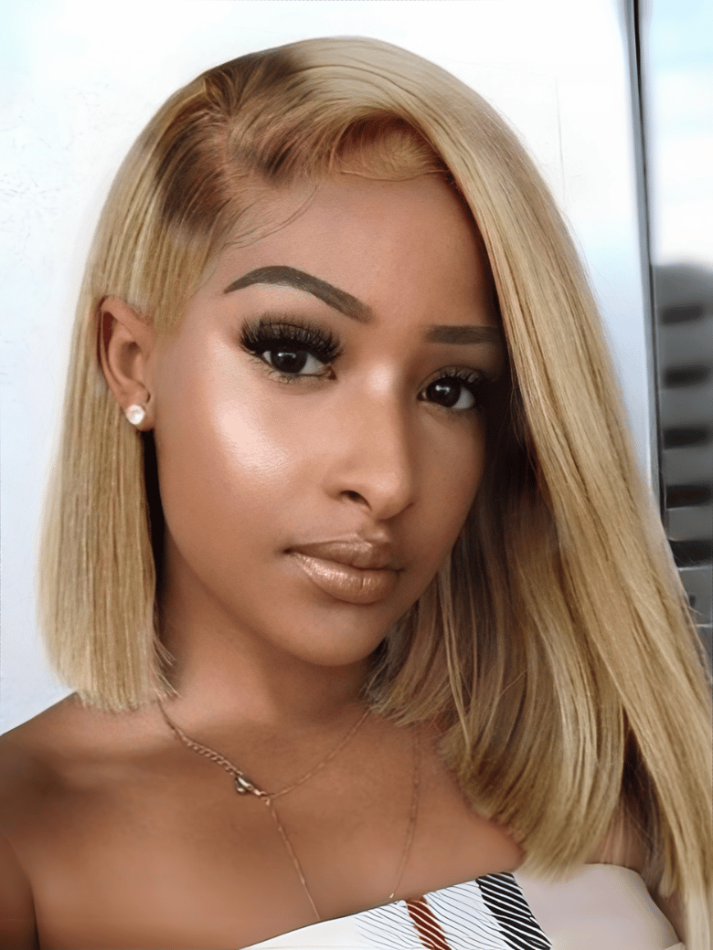 UNice 7x5 Bye-Bye Slip Blonde with Brown Roots Side Part Blunt Bob Drawstring Wig 150% destiny