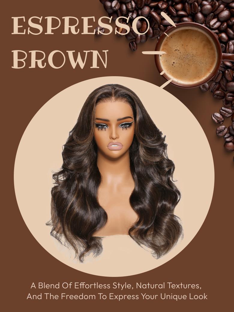 13x4 Pre-Everything Glueless Lace Frontal Espresso Brown With Highlights Loose Wave Wig
