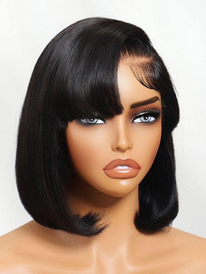 UNice 13x4 Pre-Everything™ Lace Frontal Natural Black Side Part Bob Drawstring Wig With Side-Swept Bangs