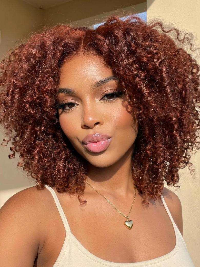 UNice 7x5 Bye-Bye Knots™ Wig Glueless Lace Sunset Jerry Curly for Reddish Brown Drawstring Wig With Bleached Knots 150% Density