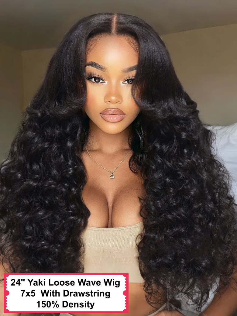 20"-24" 13x4/7x5 Lace Yaki Loose Wave/Water Wave Curly/Loose Wave With bangs Wig & Invisi Drawstring