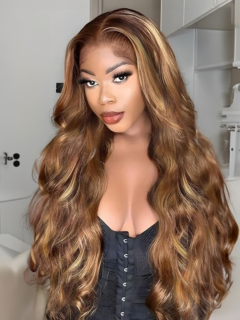 13x4 Lace Frontal Kinky Straight Honey Blonde Highlights Wig 100% Human Hair