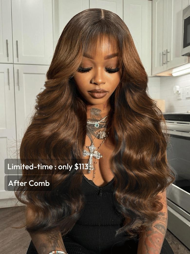 [18''=$89]7x5 Black Brown Money Piece Fluffy Loose Wave Curtain Bangs Wig