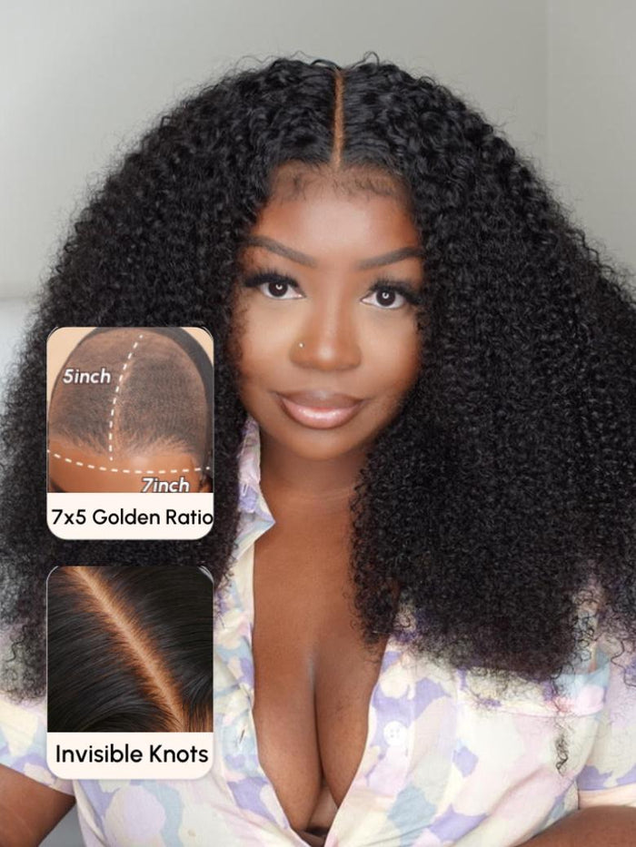 22 Inch 180% Density 7x5 Glueless Bye Bye Knots Wig  Lace Black Kinky Curly Wig With Bleached Knots