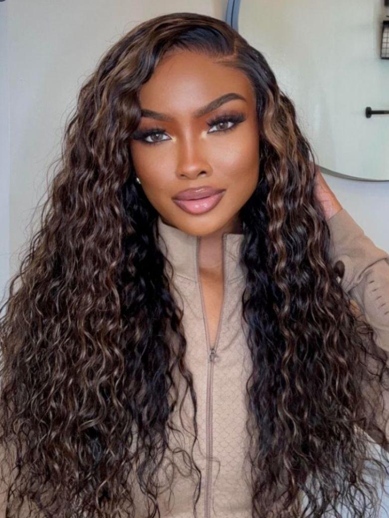 [From 22 Inch] 7x5 Bye-Bye Knots Black Wig With Golden Brown Highlights 150% Density Perfect Beach Look