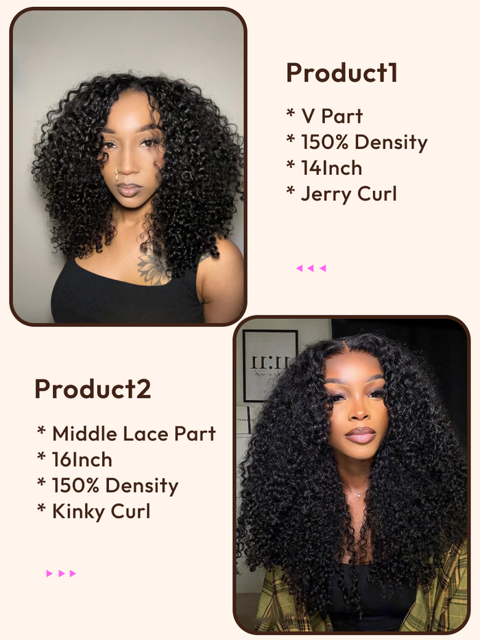 2 Wigs $134 for 16" Middle Part Lace Kinky Curly Wig and 14" V Part Jerry Curly Wig