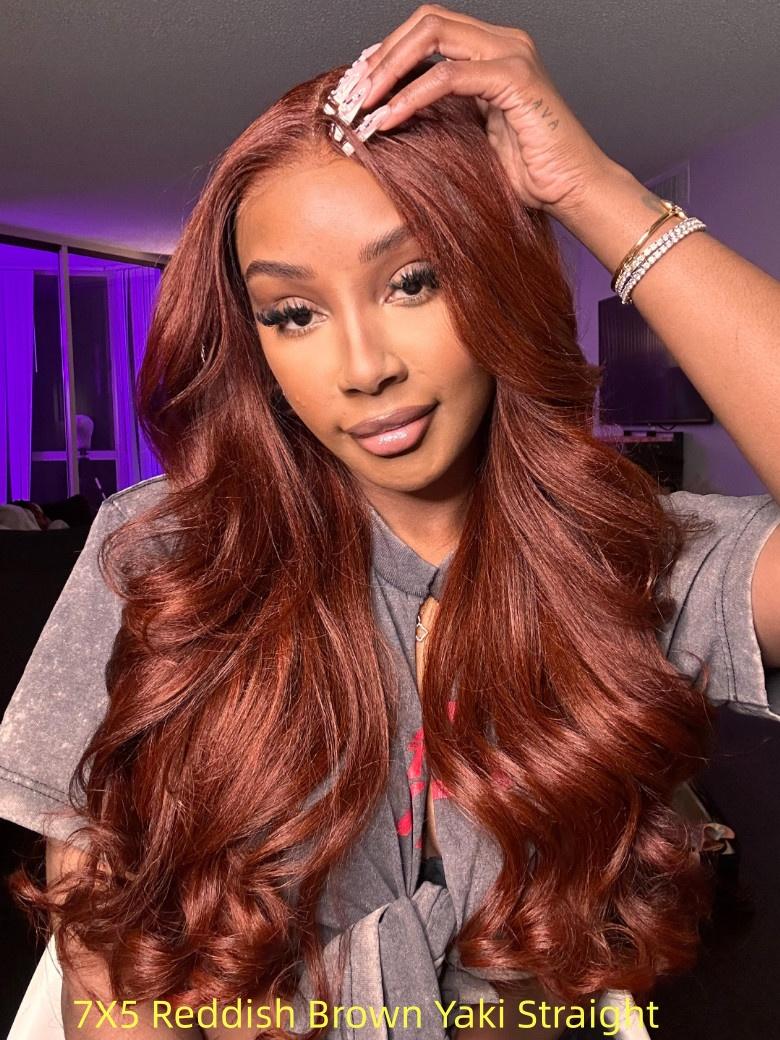[With Drawstring]Black To Reddish Brown Ombre Yaki Straight Wig EasiContour V Part& 7x5 Bye Bye Knots Wig