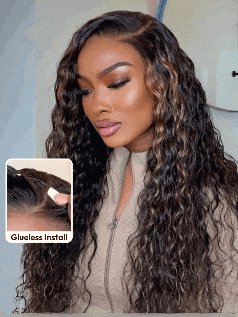 UNice Bye-Bye Knots 7x5 Lace Water Wave Black Wig With Golden Brown Highlights