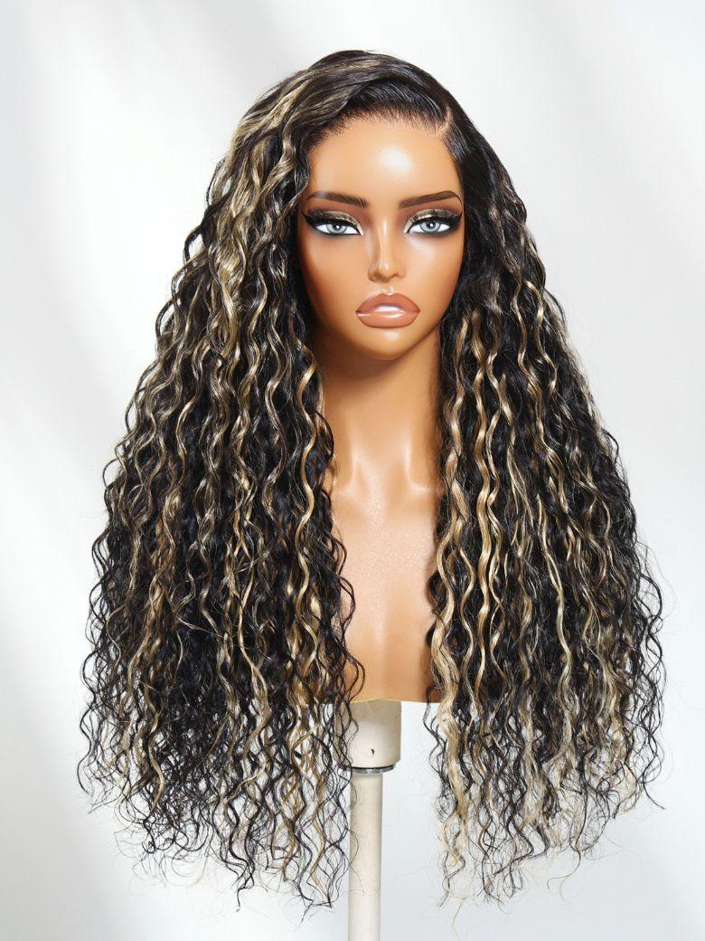 UNice 13x4 Pre-Everything™ Lace Frontal Black With Light Blonde Highlights Water Wave Glueless Drawstring Wig