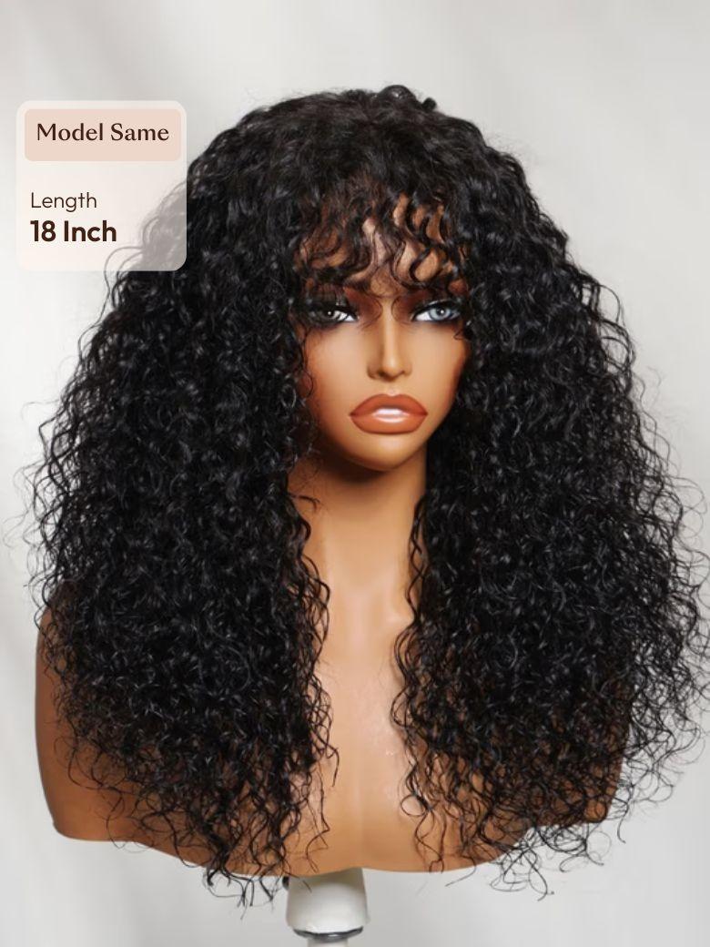 UNice 4x0.75 Lace Shaggy Natural Black Defined Curly Wig with Bangs for Beginner