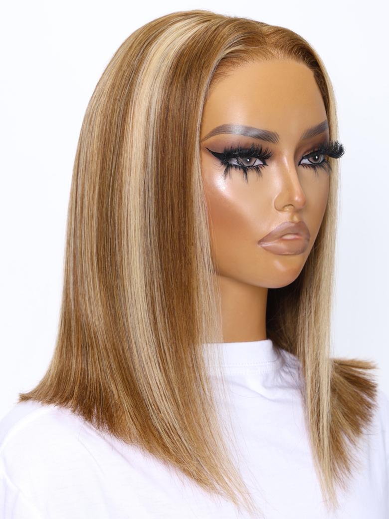 6x4.5 Pre Cut Lace Glueless Bob Wig Honey Blonde Highlights 150% Density