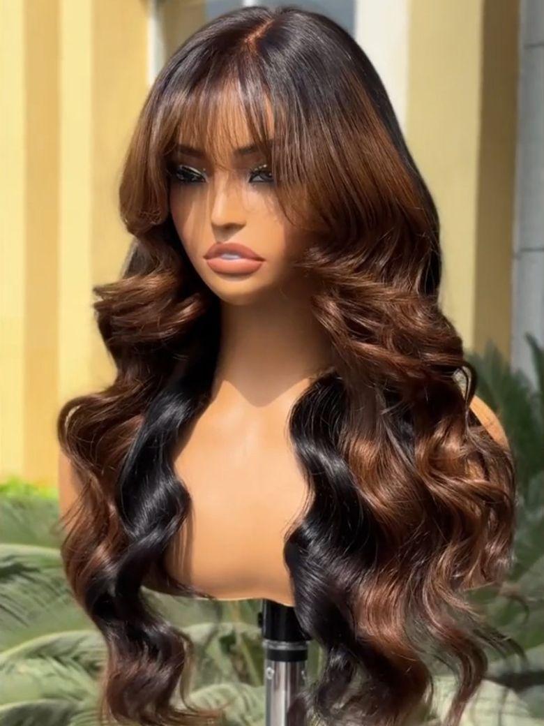 UNice 13x4 Pre-Everything Black with Brown Money Piece Natural Fluffy Loose Wave Curtain Bangs Wig & 7x5 Highlight Body Wave Bye Bye Knots Wig