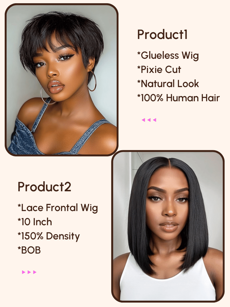 2 Wigs $99 for 10" Lace Frontal Short Bob Wig and Short Pixie Cut Human Hair Glueless Wig
