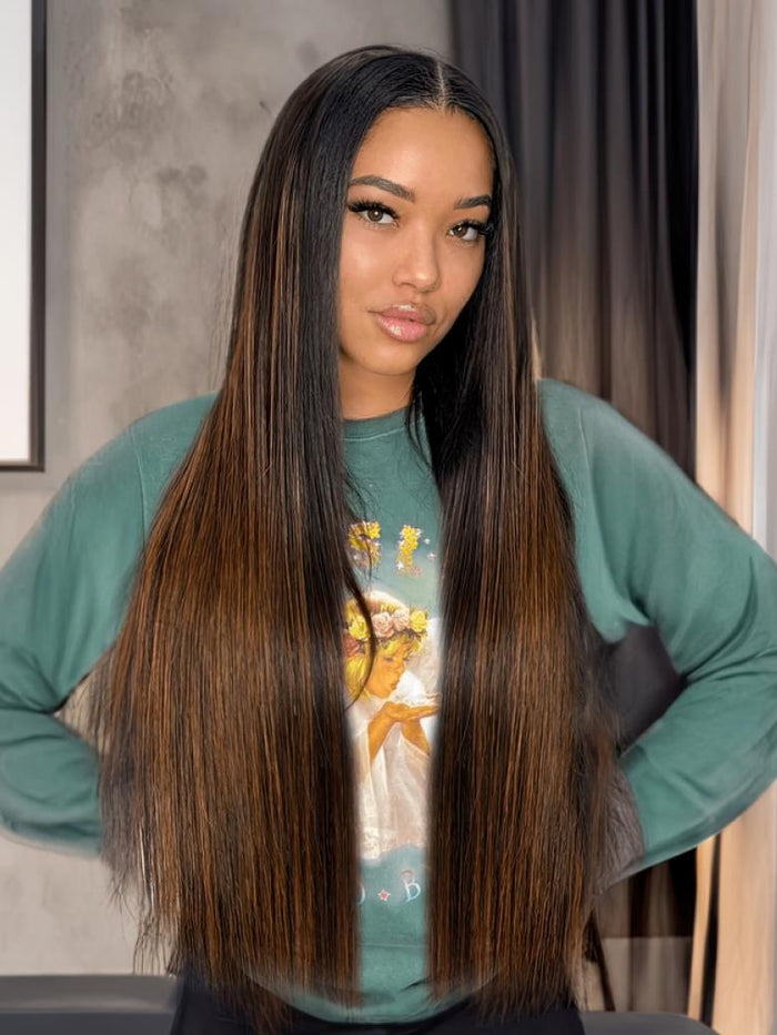 [18"=$59] Glueless U Part Straight Wig For Beginners With Brown Highlights 150% Density