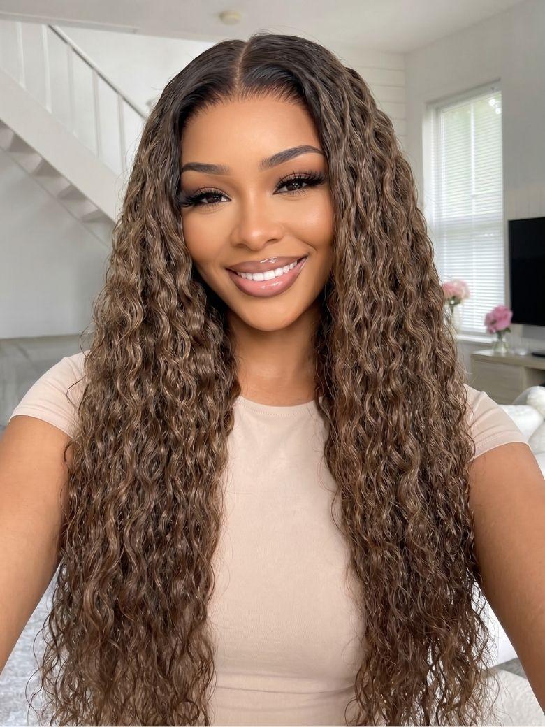 UNice 7x5 Bye Bye Slip™ Lace Ash Brown With Dark Roots Water Wave/Curly Glueless Wig with Invisi Drawstring