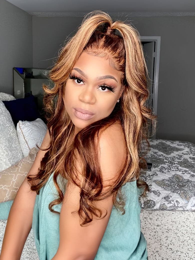 [22"=$99] 4x4 Lace Closure Wig Honey Blonde Highlights Body Wave 150% Densiyt Wig