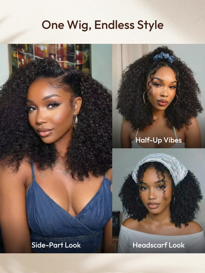 UNice 7x5 Bye Bye Slip™ Lace Natural Black Afro Kinky Curly with Finger Coil Ends Drawstring Wig 180% Density