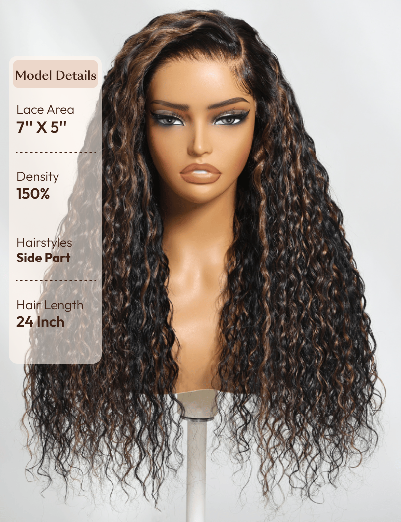 UNice Bye-Bye Knots 7x5 Lace Water Wave Black Wig With Golden Brown Highlights & Natural Black 150% Density Perfect Beach Look for Summer