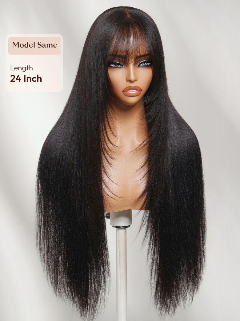 UNice 7x5 Bye Bye Slip™ Lace Black Glueless Long Layered Yaki Straight Drawstring Wig with Wispy Bangs