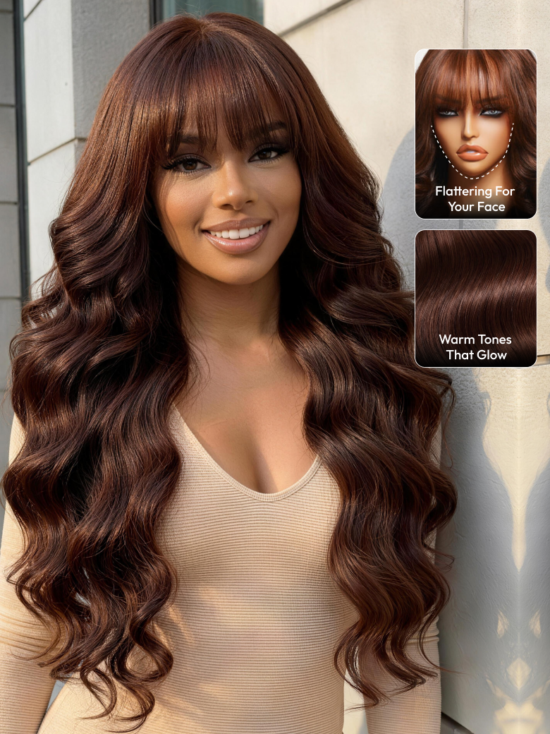 UNice 7x5 & 13x4 Bye Bye Slip™ Lace Auburn/Red Brown Fluffy Loose Wave Wig with Wispy Bangs 180% Density