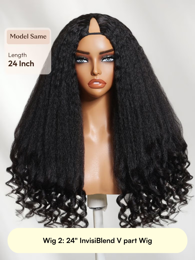 [From 22"] All V Part Wigs From $79: Body Wave | Black Kinky Straight with Spiral Curly Ends | Black to Reddish Brown Ombre Water Curly