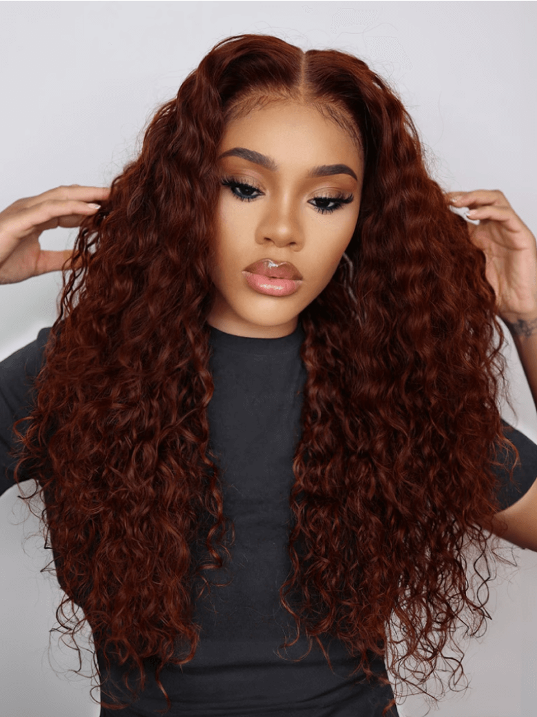 13x4 Pre Everything Lace Frontal Reddish Brown Water Wave Gluleless Lace Wig