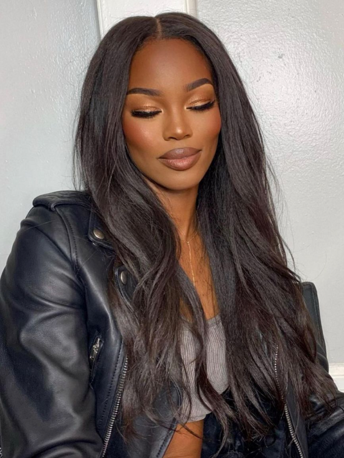 [From 18"] 6x4.5 Pre Cut Lace Put On And Go Kinky Straight Black Air Glueless Wig 150% Density
