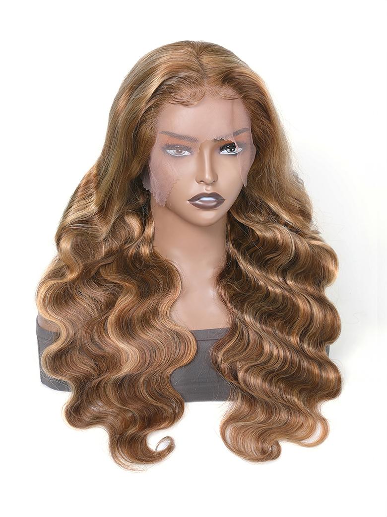 [24"=$136] 13x4 Lace Front Honey Blonde Highlight Wigs Human Hair Body Wave Colored Wigs