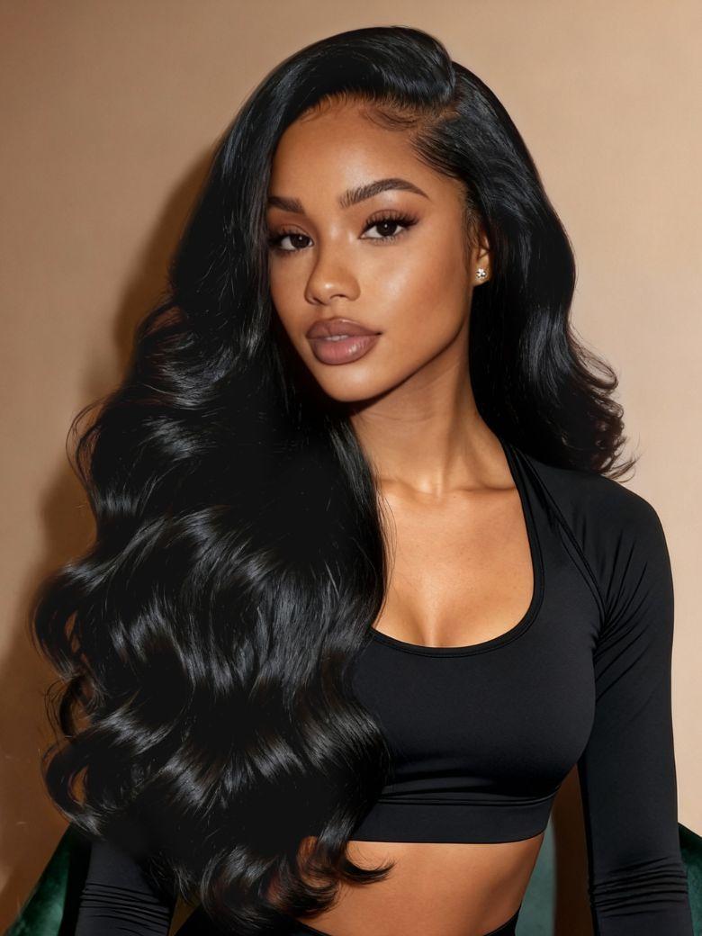 UNice HD Real Scalp™ Wig 13x4 Invisible Lace Frontal Body Wave Black Wig & Wig With Face Framing Curtain Bangs With Invisi Drawstring