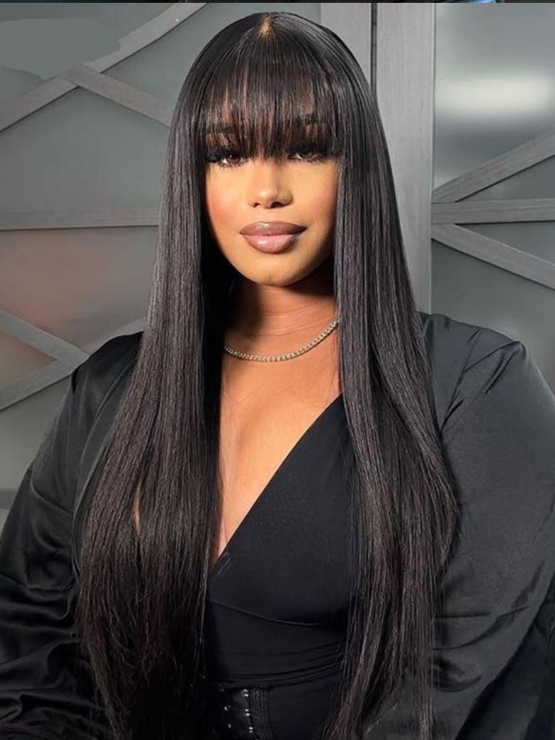 UNice Black Yaki Wig Human Hair Glueless Wig with Blunt Bangs