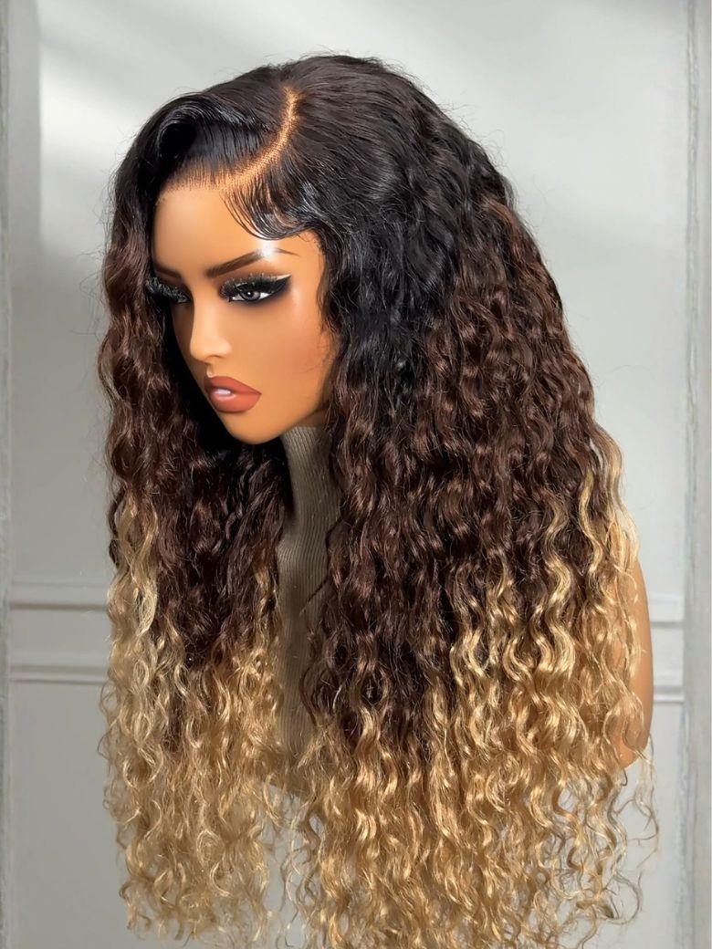 [18"=$99] UNice Bye-Bye Knots 7x5 Lace Black to Brown to Blonde Ombre Water Wave Wig with Invisi Drawstring