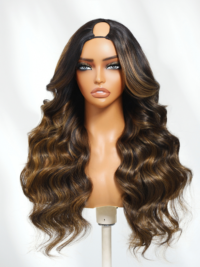 Unice Brown Hair With Highlights Body Wave Wig With Face Framing Layers Beginner Friendly V Part 150% Density