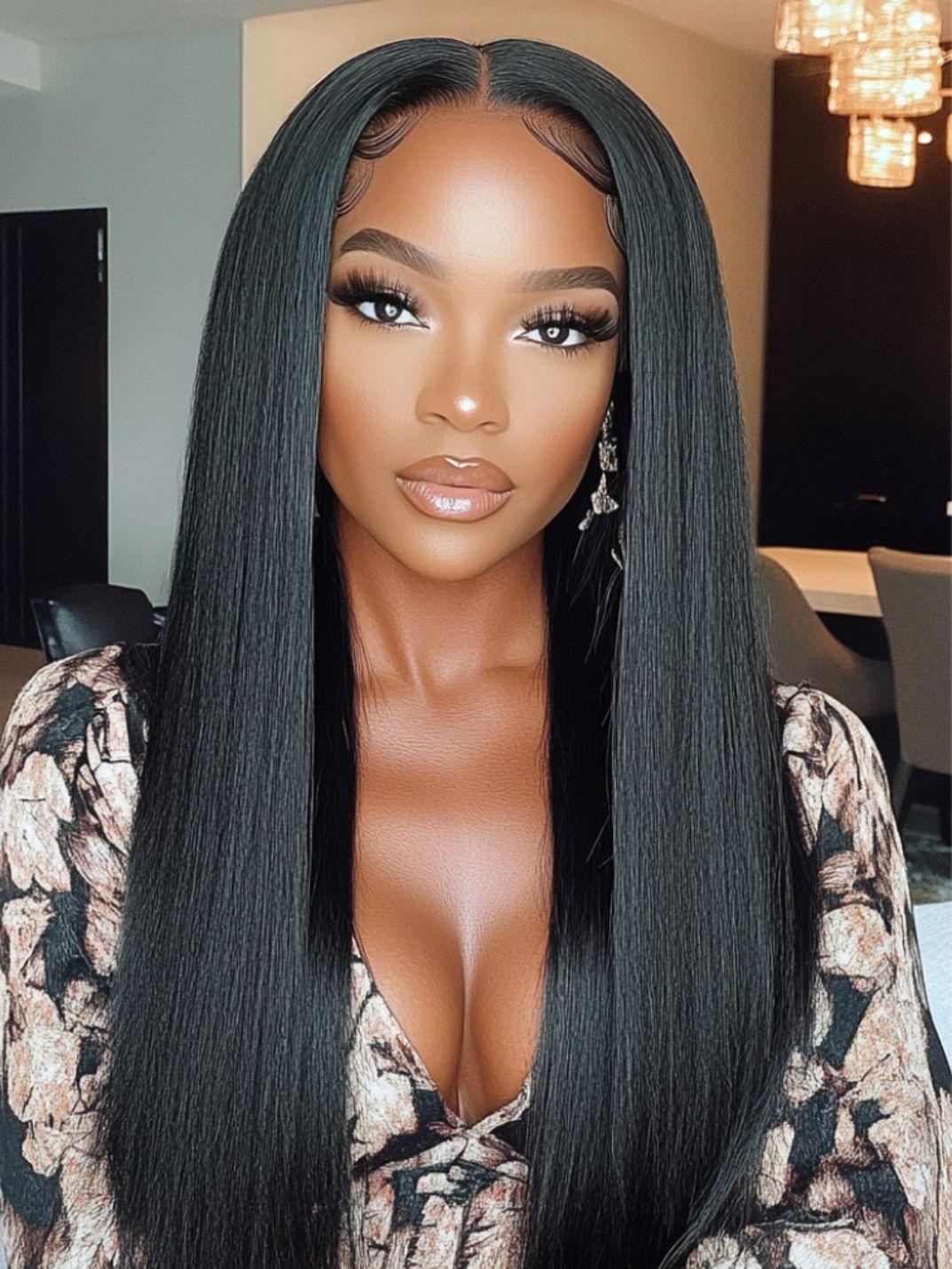 20" 5x5 Thin HD Pre Cut Pre Bleached BlendAway Lace Closure Glueless Yaki Wig 180% Density