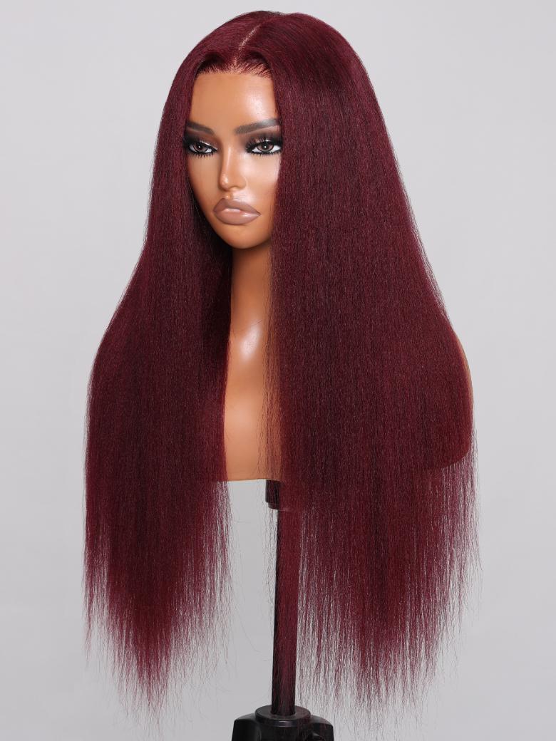 UNice Bye Bye Knots Wig 7x5 Glueless Lace Burgundy Yaki Wig With Bleached Knots