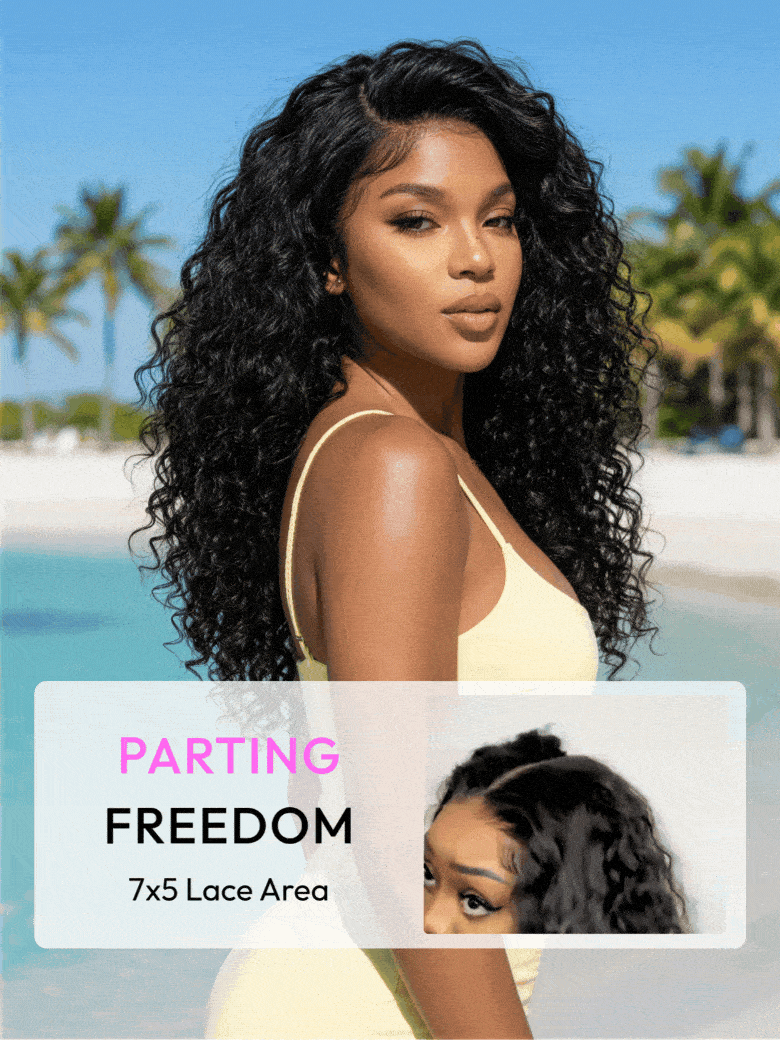UNice water wave glueless wig with a 7x5 lace area for deep parting freedom, styled in a voluminous look at the beach.