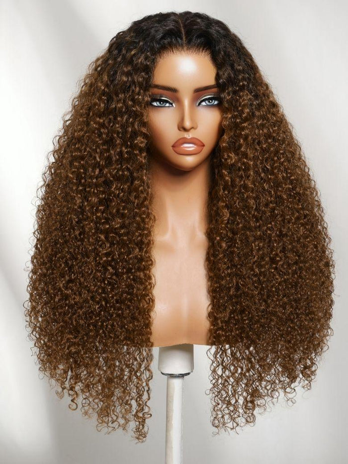UNice 7x5 Bye Bye Slip™ Lace Warm Caramel Brown with Dark Roots Natural Afro Curly Wig with Invisi Drawstring