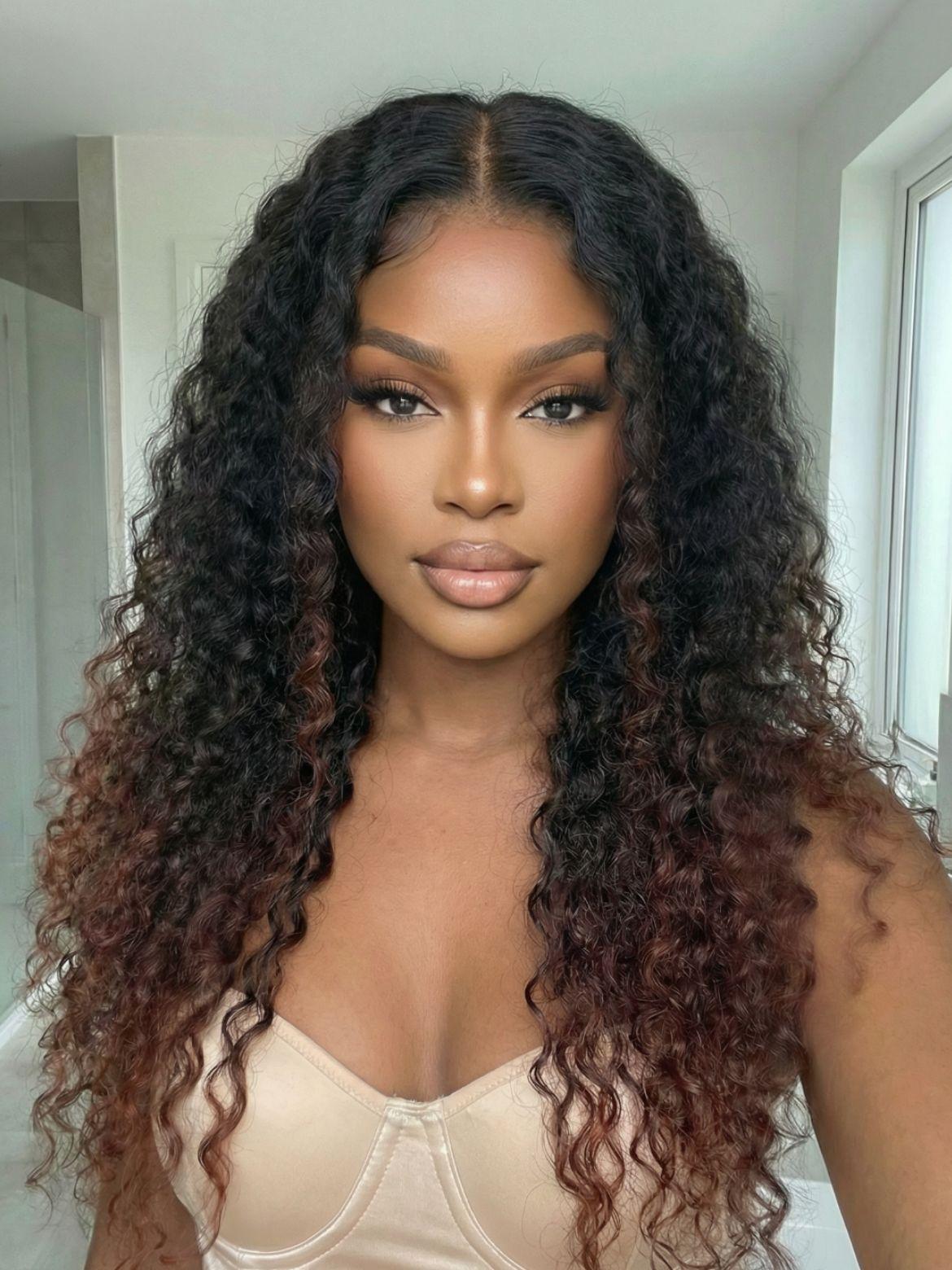 UNice InvisiBlend™ V Part Black to Reddish Brown Ombre Glueless Water Curly Wig