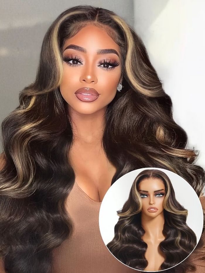 [From 20"] Chocolate Brown With Highlights Loose Wave Wig 7X5 Bye-bye knots With Face Framing Layers Member Only