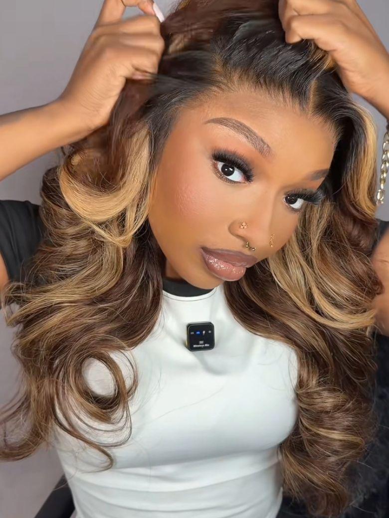 UNice 13x4 Bye Bye Slip™ Lace Frontal Honey Brown Loose Wave Drawstring Wig with Golden Blonde Face Framing Layers