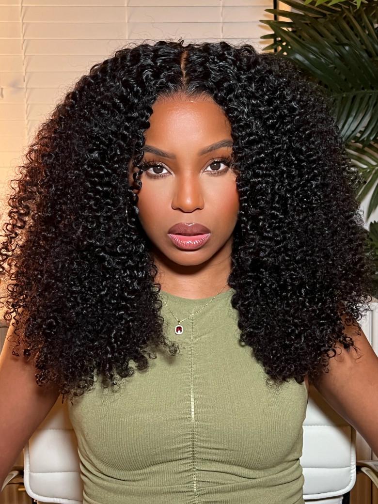 Kinky Curly Super Bouncy Middle Lace Part Natural Black Human Hair Wigs