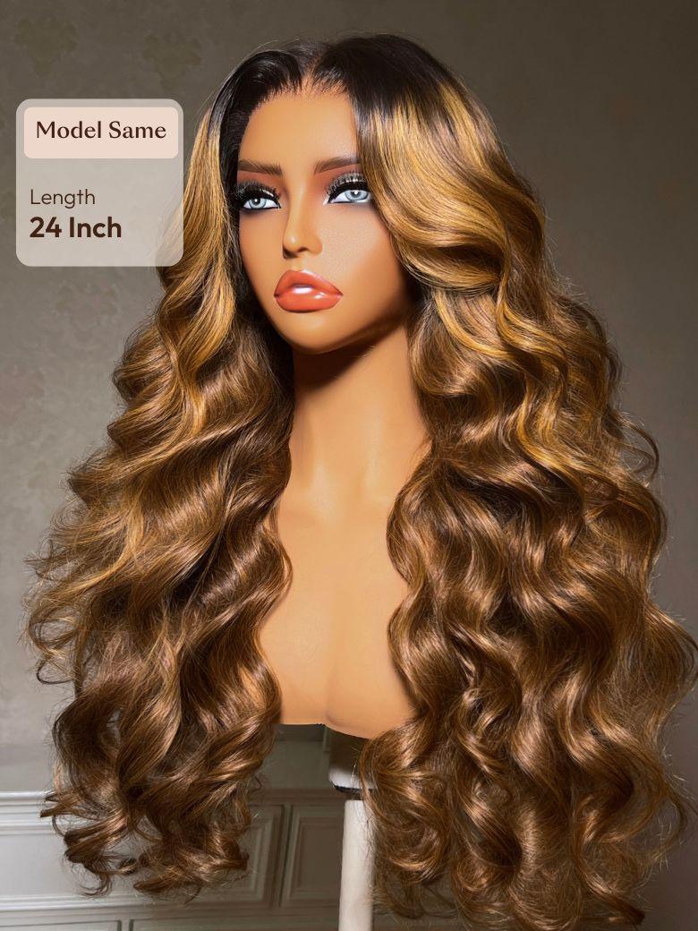 UNice Bye-Bye Knots™ 7x5 Lace Honey Brown Highlights Body Wave Drawstring Wig with Dark Roots