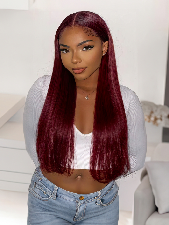 Unice 99J Straight Lace Part Human Hair Wigs Pre Plucked Burgundy Hand Tied Natural Hairline 150% Density