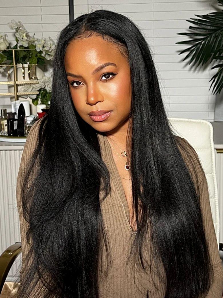 [24"=$110] Pre Plucked 4x0.75 Lace Kinky Straight Human Hair Wig Natural Wig 150% Density